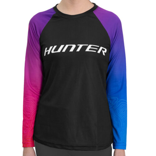 JERSEY HUNTER MUJER MOD. TRACE MANGA LARGA TELA COOLMAX DISEÑO NEGRO/AZUL/MORADO TALLA X-GRANDE