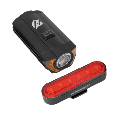 LUZ RECARGABLE EN JUEGO DELANTERA 300LM ALUMINIO/PLASTICO NEGRO/ LUZ RECARGABLE TRASERA 10LM PLASTICO NEGRO MARCA HUNTER
