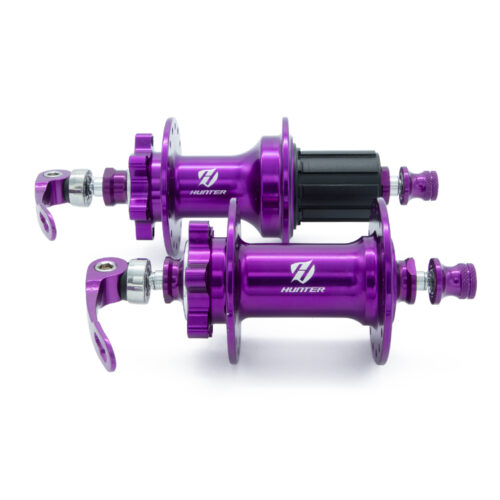 MAZAS DELANTERA Y TRASERA EN ALUIMINIO P/ FRENO DISCO P/CASSETTE 11V 32H/14G 120 CLICKS COLOR MORADO HUNTER