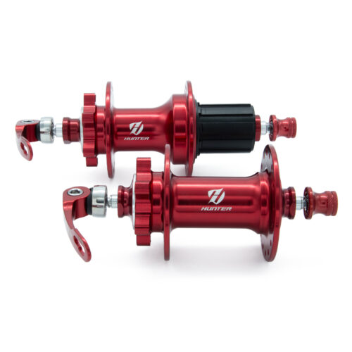 MAZAS DELANTERA Y TRASERA EN ALUIMINIO P/ FRENO DISCO P/CASSETTE 11V 32H/14G 120 CLICKS COLOR ROJO HUNTER