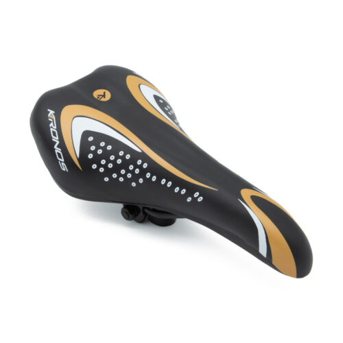 ASIENTO PARA BICICLETA MARCA KRONOS COLOR NEGRO/ORO MED. 145MMX280MM  MOD. 920