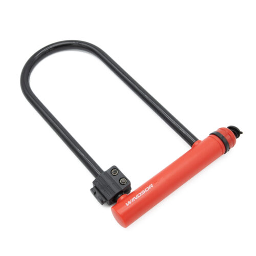 CANDADO PARA BICICLETA TIPO "U" CON CABLE COLOR ROJO MARCA WINDSOR
