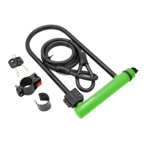 CANDADO PARA BICICLETA TIPO "U" CON  CABLE COLOR VERDE MARCA WINDSOR
