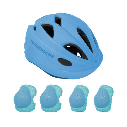 CASCO INFANTIL AZUL TALLA 54-57CM CON RODILLERAS Y CODERAS MARCA WINDSOR