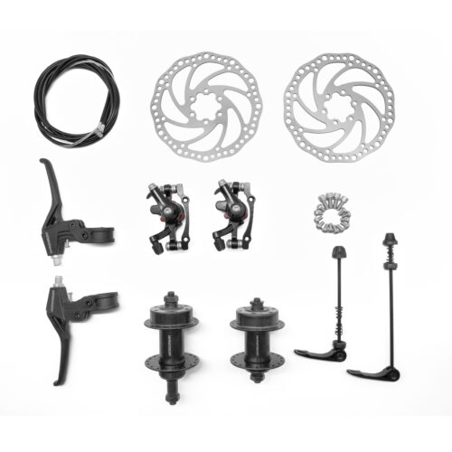KIT DE MAZAS P/RUEDA LIBRE EN ACERO 36H/14G CON BLOQUEO RODAMIENTO EN BALA CON CALIPERS Y DISCOS DE FRENO 160MM PALANCAS DE FRENO EN NYLON Y CABLES COLOR NEGRO WINDSOR