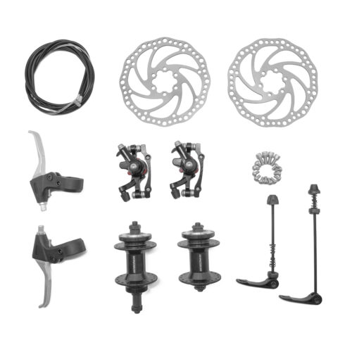 KIT DE MAZAS P/RUEDA LIBRE EN ALUMINIO 36H/14G CON BLOQUEO BALERO SELLADO CON CALIPERS Y DISCOS DE FRENO 160MM PALANCAS DE FRENO EN NYLON/ALUMINIO Y CABLES COLOR NEGRO WINDSOR